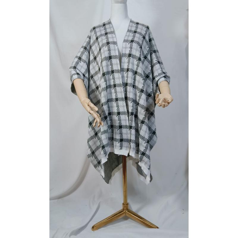 블랙 화이트 하운드투스 체크 니트 판초 랩 케이프 오픈 프론트 원사이즈 - bulk scarf supplier Korea