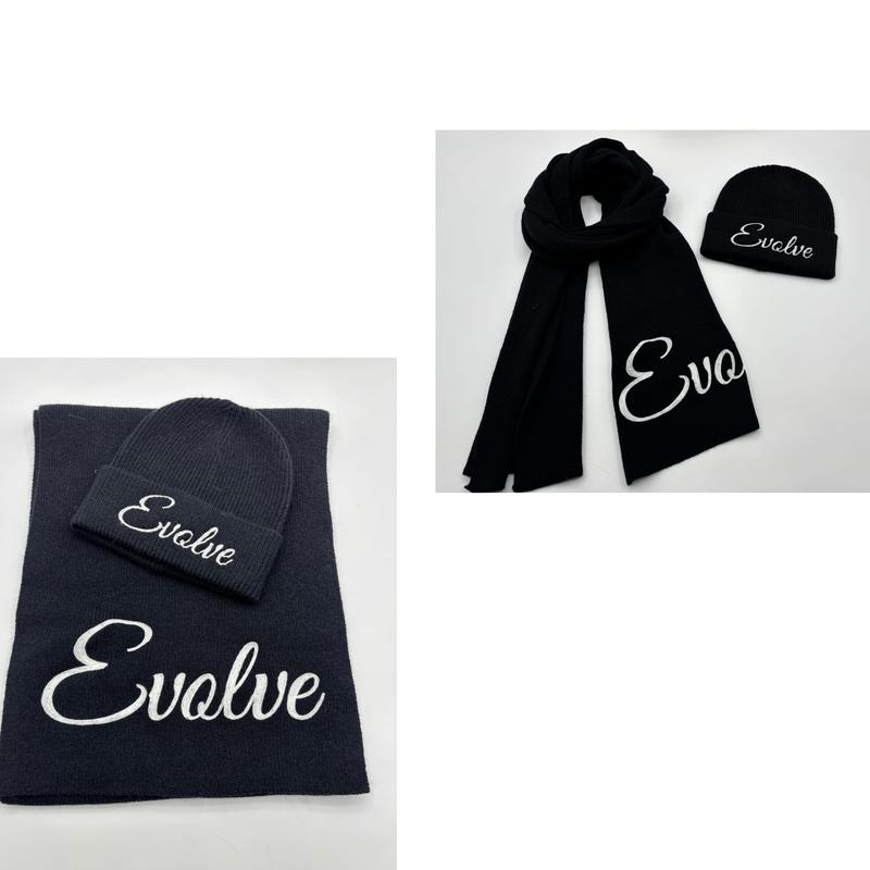 블랙 니트 비니 & 스카프 세트, 흰색 커시브 자수 포인트, 겨울 방한 패션 도매 - corporate gift supplier