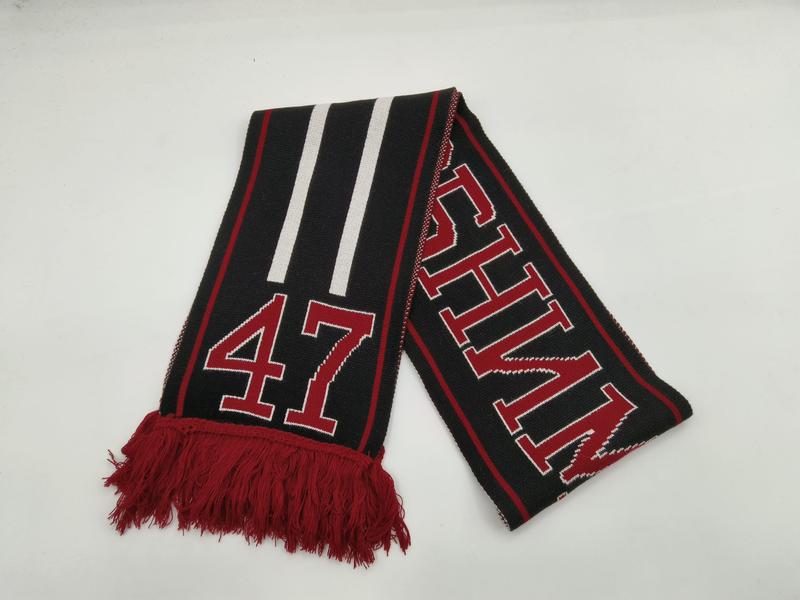 블랙 레드 화이트 니트 스포츠 팬 스카프, 숫자 47 볼드 레터링, 레드 프린지 - winter accessories wholesaler