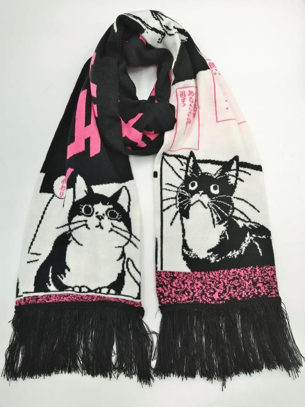 블랙 화이트 핑크 애니메이션 고양이 망가 프린트 니트 프린지 스카프 - winter accessories wholesaler