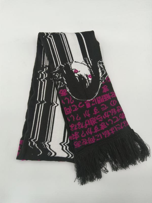 블랙 자카드 니트 스카프, 화이트 초상화·핑크 일본어 프린트·프린지 장식 - certified scarf manufacturer China