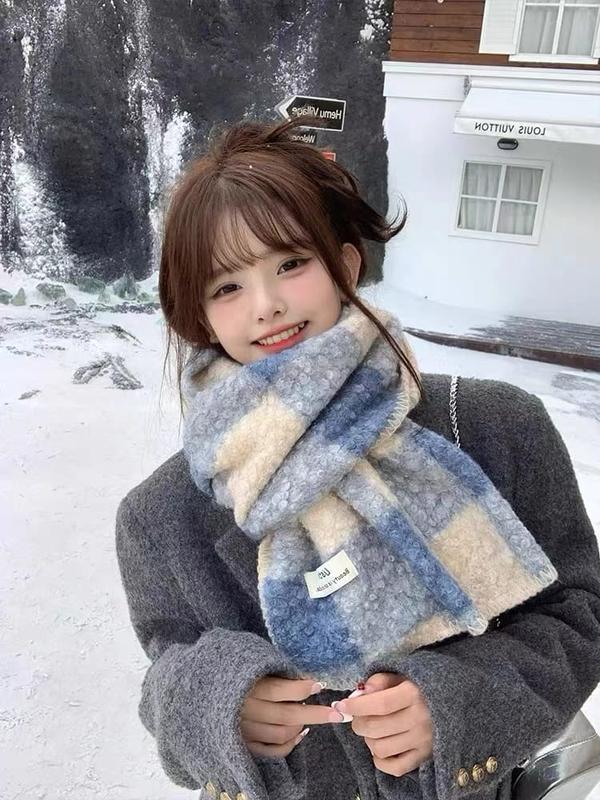 블루 크림 체크 패턴 플러피 울 혼방 프린지 겨울 머플러 - private label service available