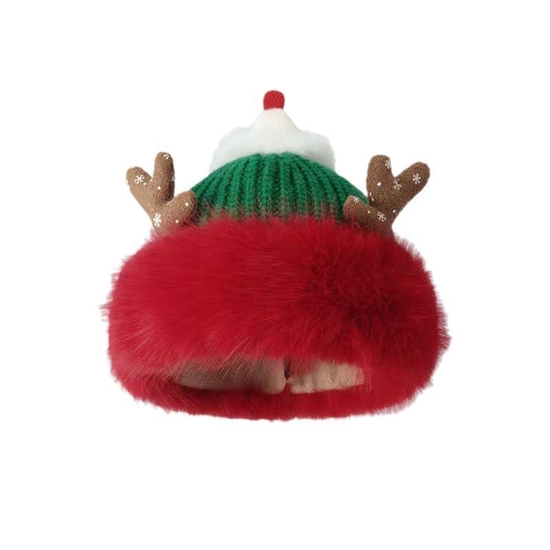 빨간 퍼 브림과 뿔 장식 크리스마스 순록 니트 비니 햇, 초록·흰색 - winter accessories wholesaler