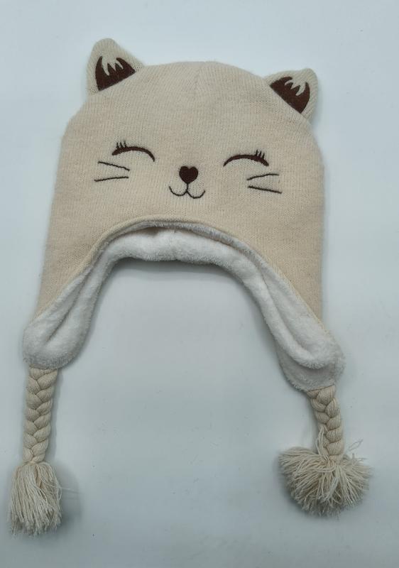 크림 니트 고양이 귀 트래퍼 햇, 플리스 안감·브레이드 끈·폼폼 장식, 도매용 - gift shop wholesale supplier