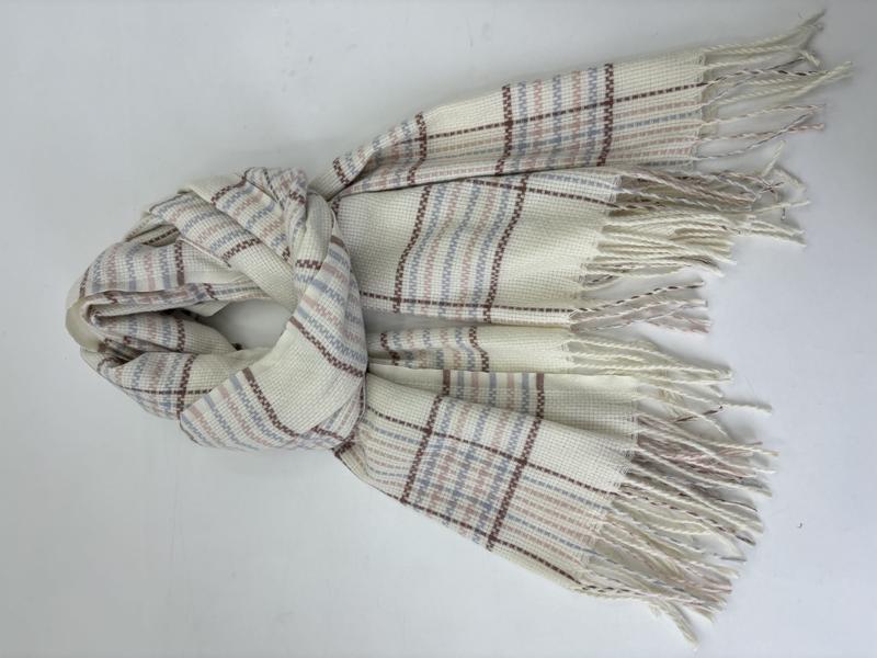 크림 플레이드 우븐 스카프, 블루·핑크·브라운 줄무늬, 프린지 마감 - private label wholesale