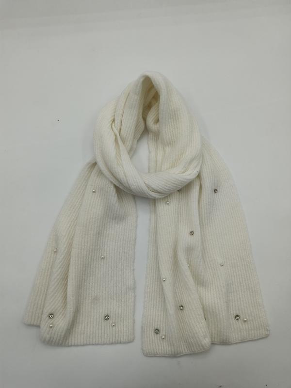 크림색 립 니트 스카프, 진주·크리스탈 장식 포인트, 우아한 루프 스타일 - certified scarf manufacturer China
