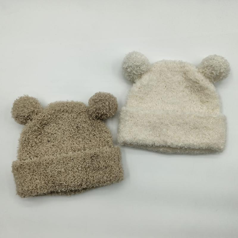 베이지·크림 곰 귀 폼폼 퍼지 니트 아기 비니 2개 세트 도매 - B2B wholesale inquiry welcome