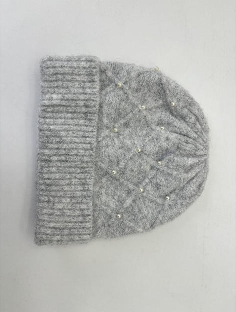 진주 장식 다이아몬드 패턴 그레이 퍼지 니트 비니 모자 - gift shop wholesale supplier