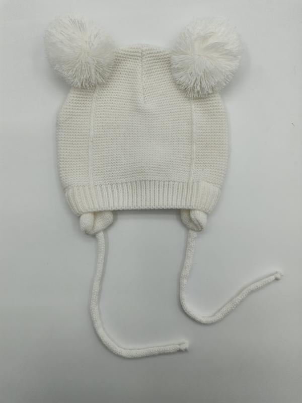 아이보리 니트 베이비 비니, 더블 폼폼과 턱끈 장식 유아 모자 - wholesale fashion accessories