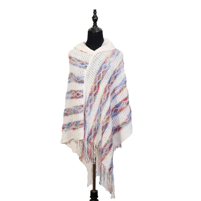아이보리 멀티컬러 스트라이프 후드 니트 판초 프린지 트림 - certified scarf manufacturer China