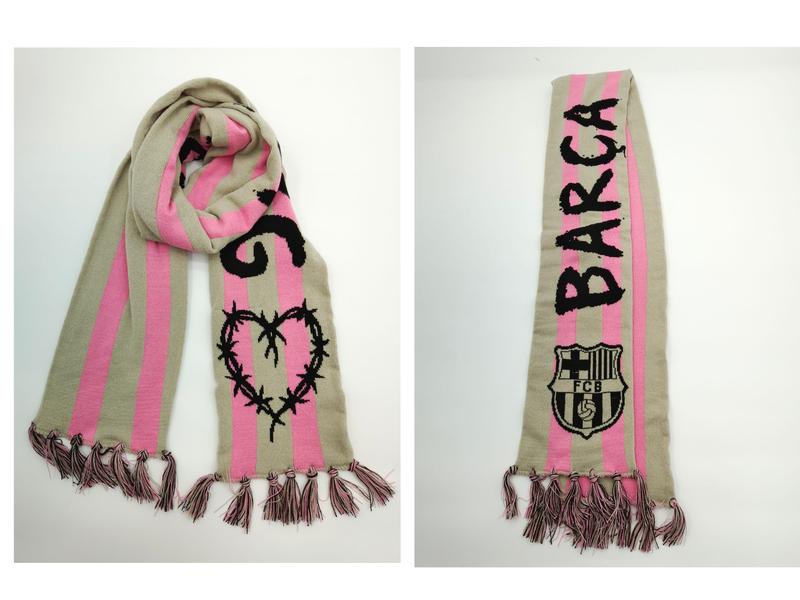 FCB 바르사 크레스트 베이지 핑크 줄무늬 니트 축구 팬 술 달린 스카프 - private label wholesale
