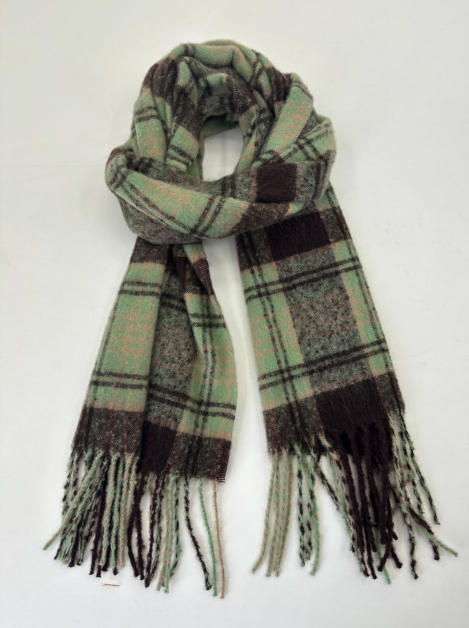 민트 그린 브라운 플레이드 타탄 체크 울 혼방 프린지 스카프 랩 - bulk scarf supplier Korea