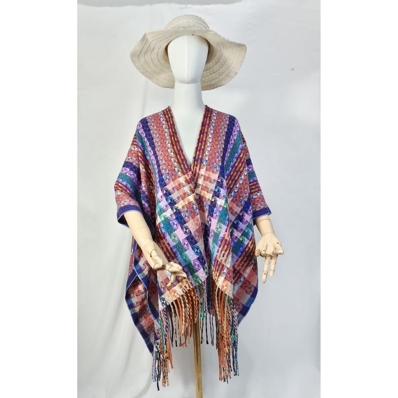 다채로운 기하학 패턴 위빙 보헤미안 폰초 랩, 프린지 헴 멀티컬러 - wholesale fashion accessories