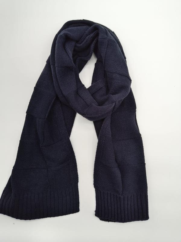 네이비 블루 청키 블록 텍스처 니트 겨울 스카프, 립드 엔드 디테일 - certified scarf manufacturer China