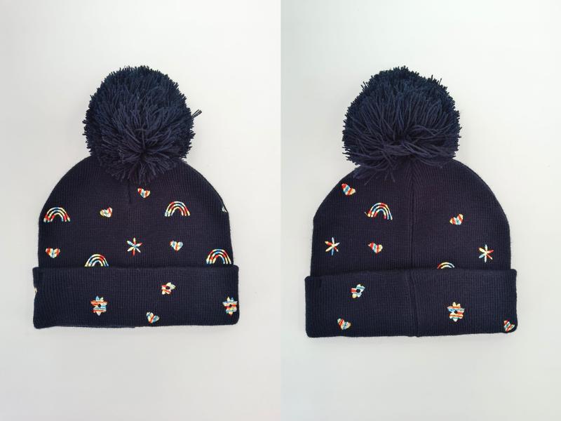 네이비 블루 니트 폼폼 비니 무지개·하트·별 자수 패턴 여성 겨울 모자 - wholesale fashion accessories