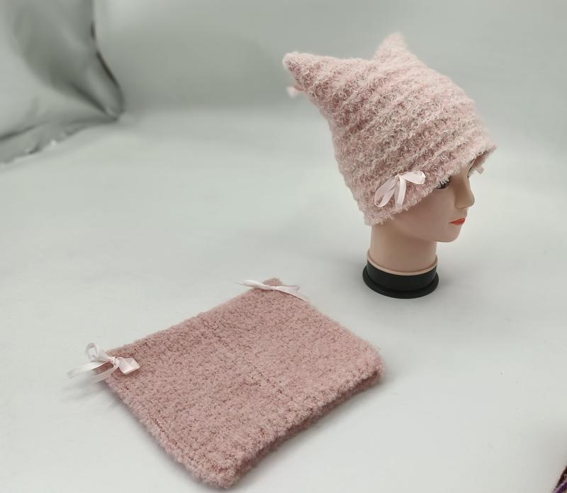 핑크 퍼지 니트 고양이 귀 비니 새틴 리본 넥 워머 세트 - winter accessories wholesaler