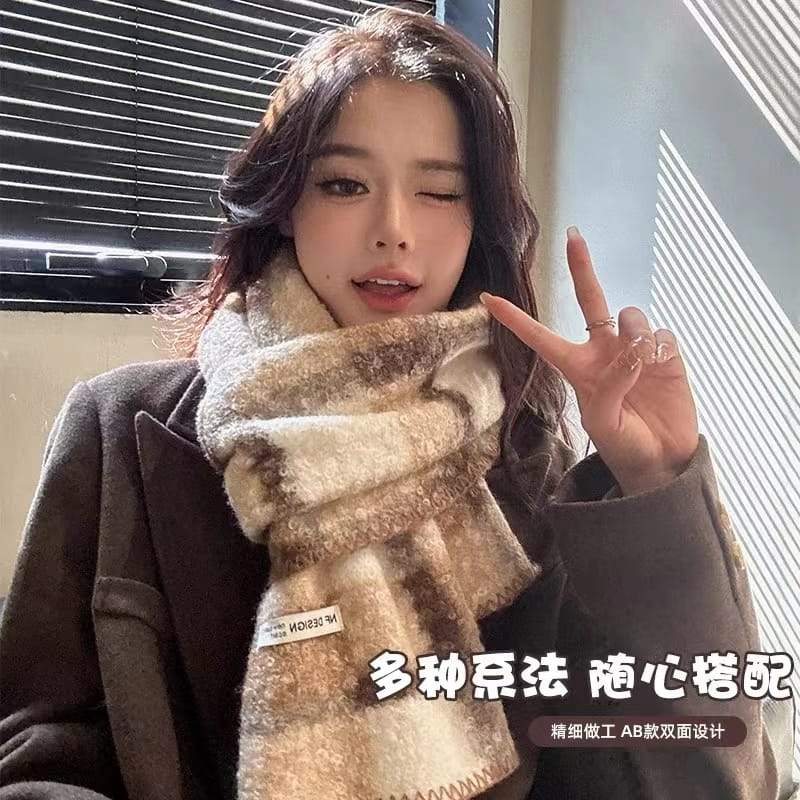 베이지브라운 체크 퍼지 니트 겨울 스카프 양면 디자인 유니섹스 머플러