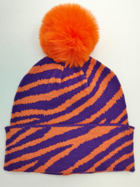 퍼플·오렌지 지브라 패턴 니트 비니 모자, 대형 페이크 퍼 폼폼 장식 - custom color & size accepted