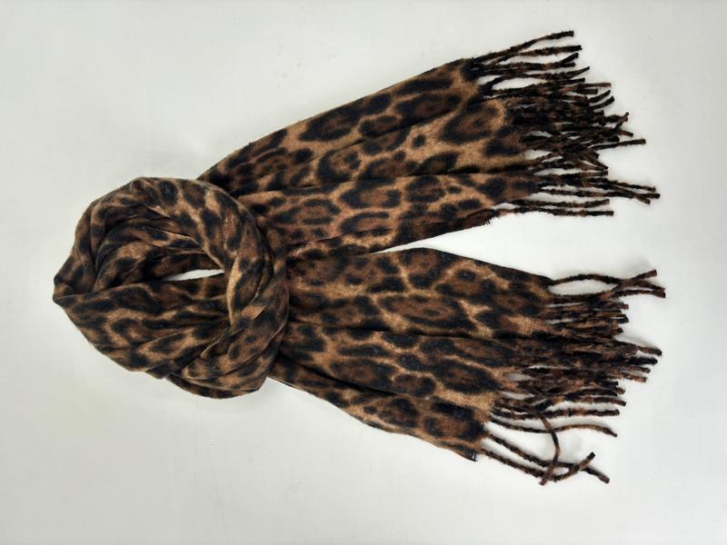 브라운 블랙 레오파드 프린트 소프트 스카프, 매듭 프린지 장식, 루즈 타이 스타일 - wholesale fashion accessories