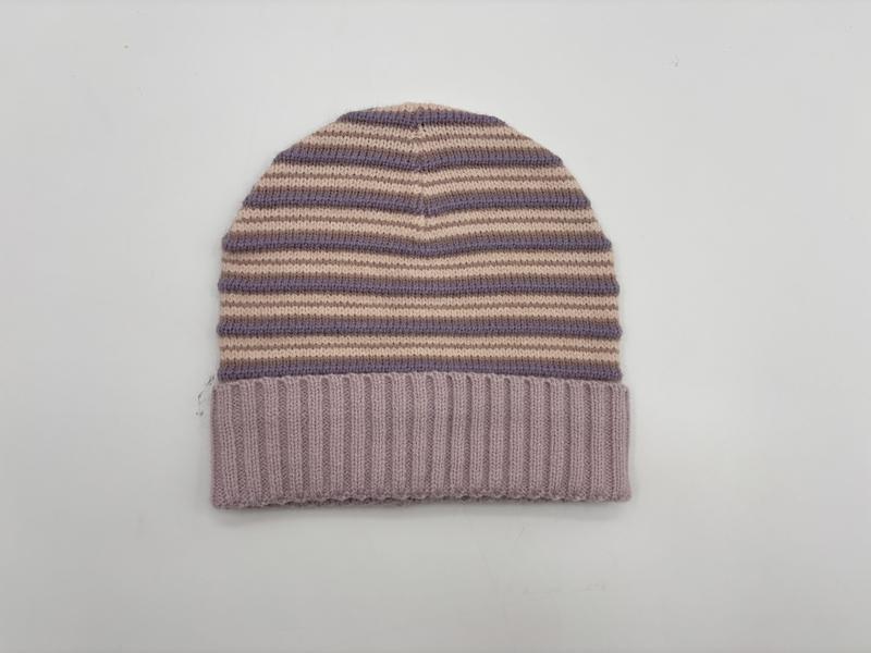 라벤더 블러시 줄무늬 니트 비니 햇, 베이지 퍼플 가로 스트라이프 리브드 커프 - wholesale fashion accessories