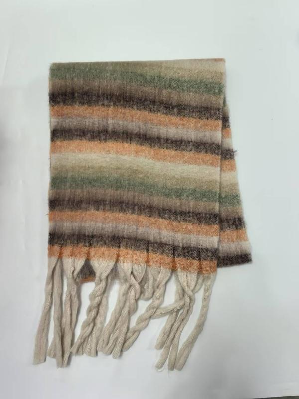 어시 톤 스트라이프 니트 스카프, 오렌지·그린·베이지·브라운 프린지 술 장식 겨울 랩 - wholesale fashion accessories